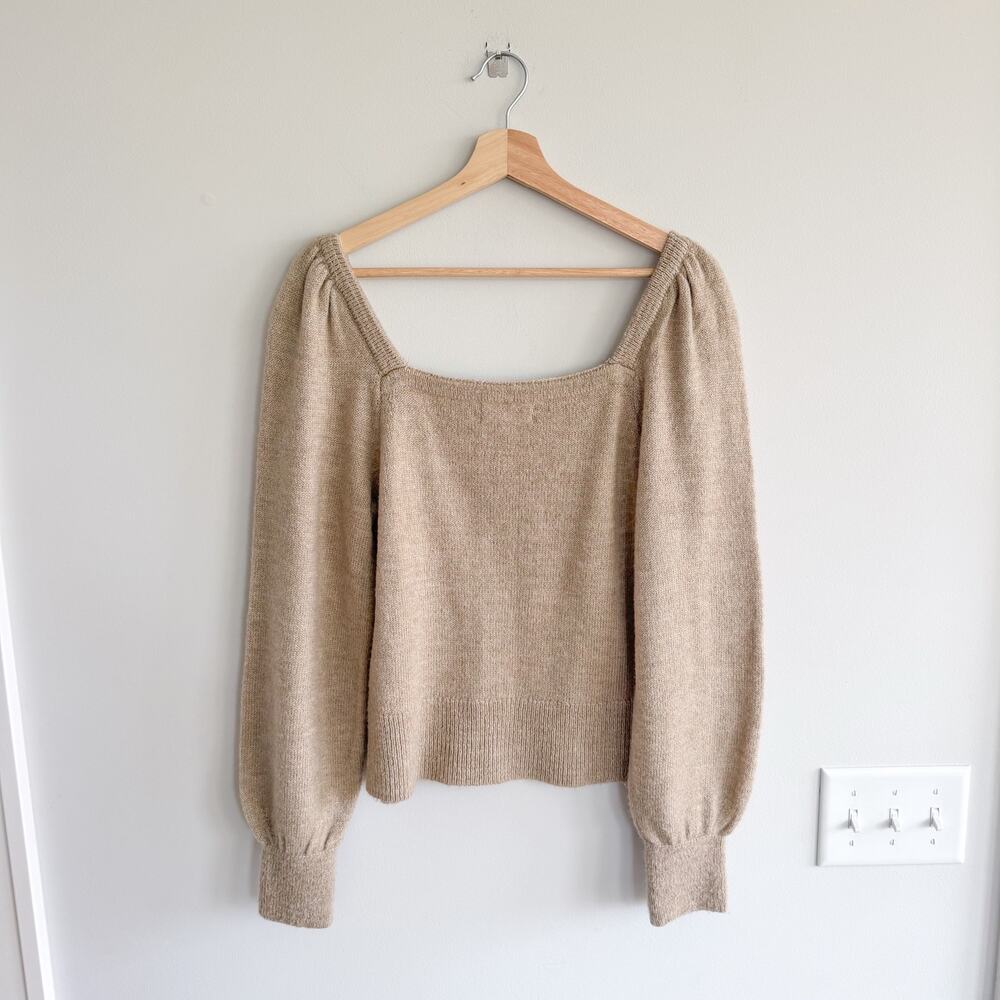 Anthropologie Square Neck Puff Sleeve Knit Sweater Tan M - Picture 10 of 10